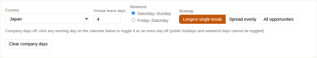 Leave Optimizer input panel with country, leave days, weekend, and strategy controls